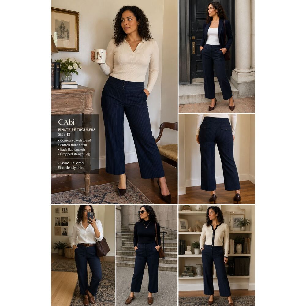 CAbi Women’s Size 12 Navy Pinstripe Cropped Trousers Tailored Pant Button Pocket
